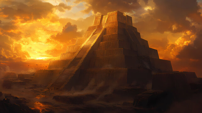 Majestic ziggurat at sunset, a timeless journey into ancient mesopotamia. Timeless Ziggurat. Illustration