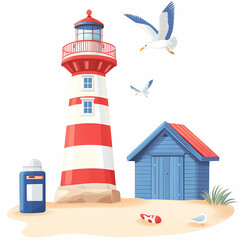 A lighthouse with a blue house next to it