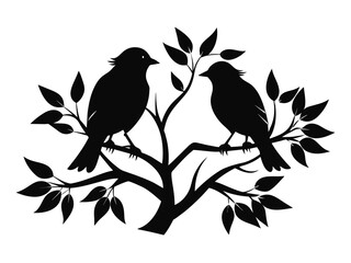 A cute vector illustration shows a bird on a floral tree branch in spring nature