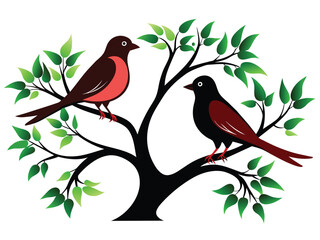 Cute vector illustration of a robin, a bird on a branch with leaves, a spring design celebrating nature