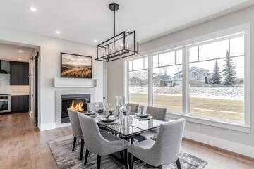 Modern farmhouse dining room with white walls, wood floors, large windows, sleek black chandelier, and glass-topped table.