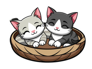 Cute cartoon vector illustration shows a black and white drawing of a domestic dog and feline kitty with a funny tail, plus two cats in a basket, radiating pet love © SEAMOR