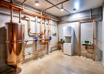 Sleek Tankless Water Heater: Organized Basement Utility Room with Copper Pipes