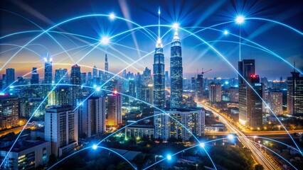 Fototapeta premium Smart City: Illuminated Metropolis with Wireless Network Connectivity