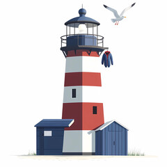 Vector illustration of a lighthouse with blue and white stripes, one red vertical stripe in the middle.