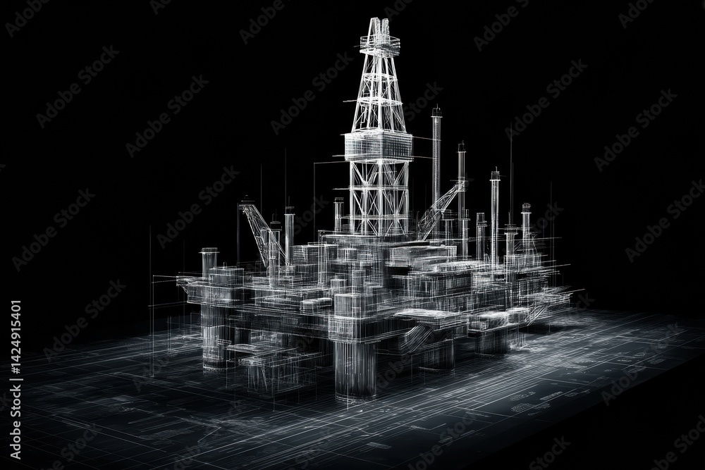 Leinwandbilder 3d wireframe model of an oil rig displayed on a black backdrop showcasing intricate details and desi