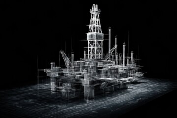 3D Wireframe Model of an Oil Rig Displayed on a Black Backdrop Showcasing Intricate Details and Design Elements Related to Offshore Drilling and Production
