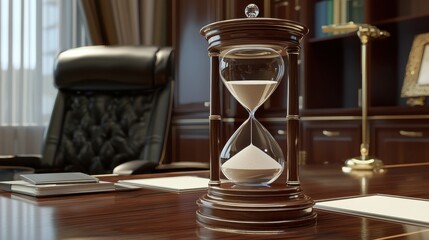 Elegant hourglass on a luxurious wooden desk in an office setting.