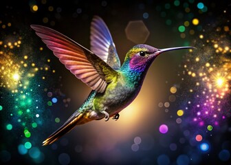 Obraz premium Sparkling Hummingbird in Flight at Night, Magical Wings, Dark Background