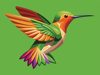 A vibrant vector illustration depicts a tropical bird of paradise, a wild hummingbird with outstretched wings, flying near a spring flower