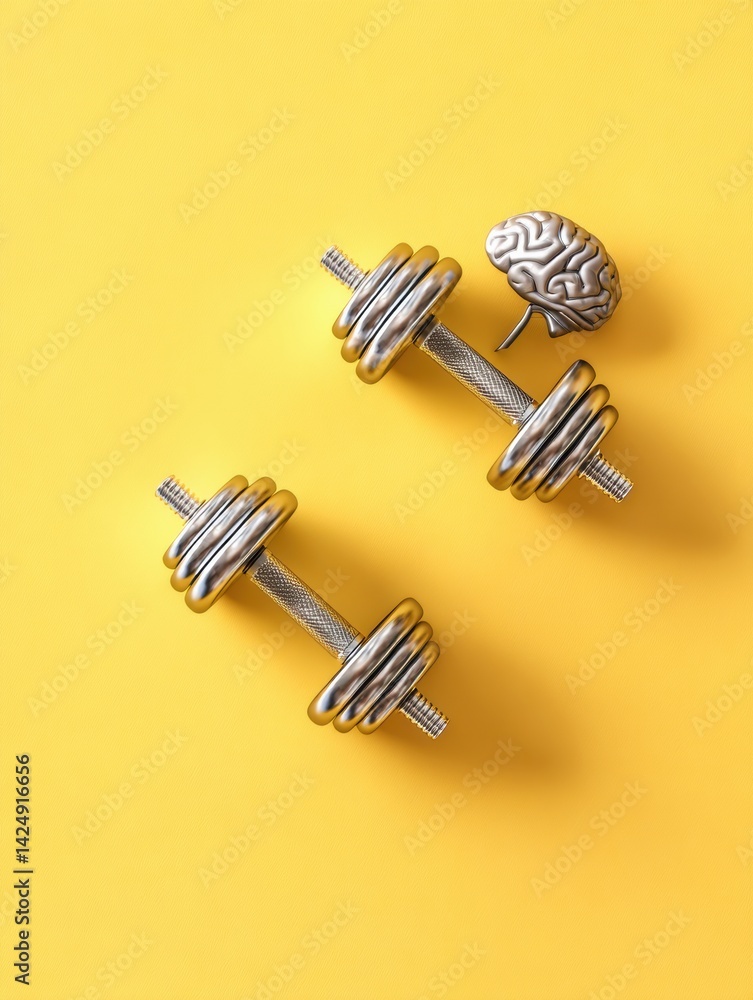 Poster brain exercises with dumbbells symbolize mental strength training against a bright yellow background