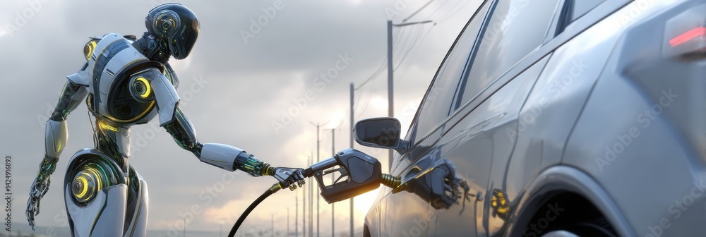 Poster futuristic robot refuels car with synthetic oil in a high-tech urban environment at dusk