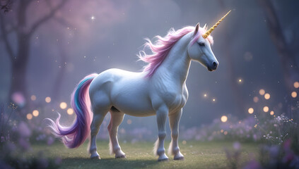 fantasy unicorn illustration with golden horn in a dreamy fairytale forest