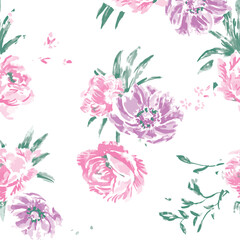 Watercolor Pink and Purple Floral Seamless Pattern for Textiles Print on Fabric
