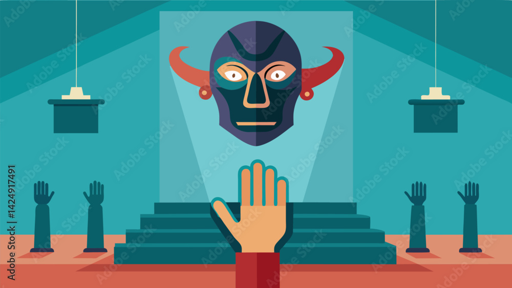 Aufkleber a mask in the shape of a hand is shown in a museum exhibit symbolizing the manipulative tactics used
