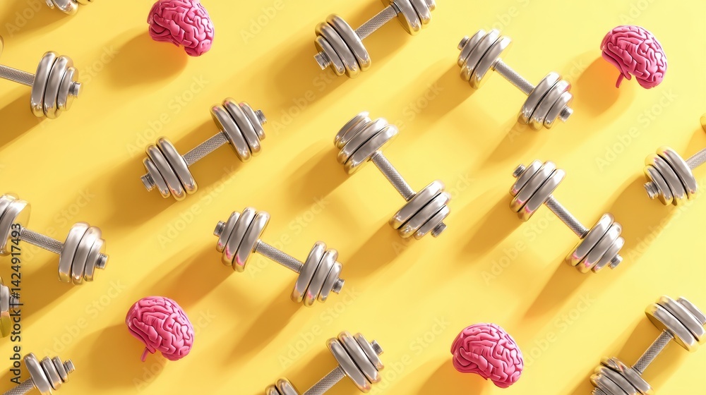 Aufkleber brain lifting dumbbells on sunny yellow background symbolizes mental training and cognitive strength