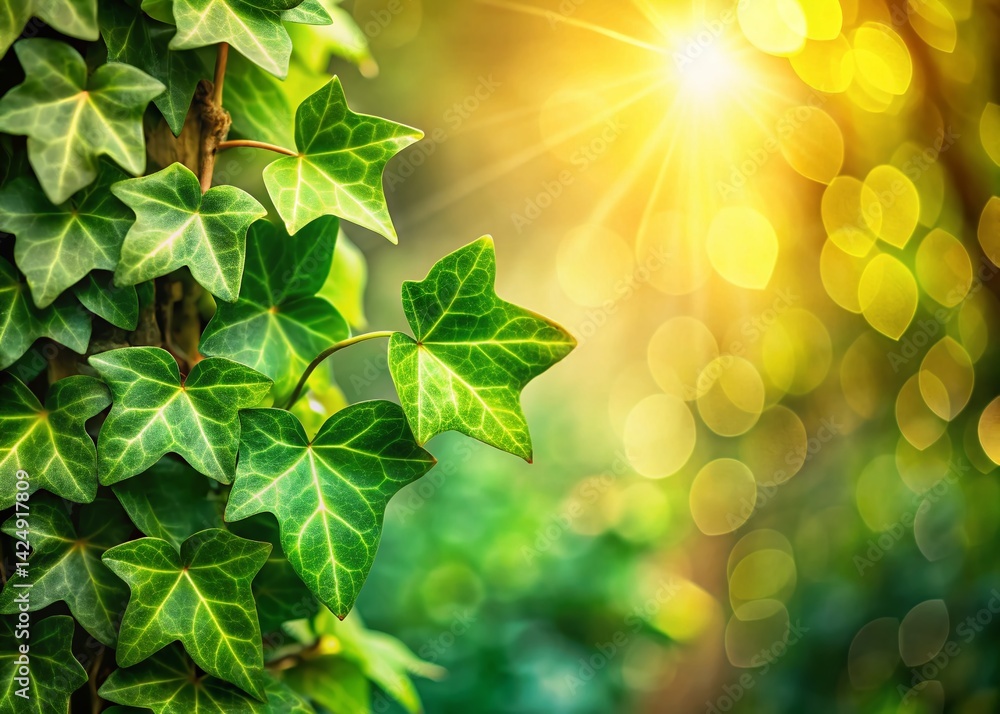 Poster springtime pine ivy bokeh: delicate green vines with soft focus background