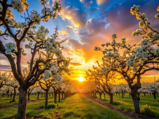 Fototapeta premium Springtime Silhouette: Pear Orchard at Sunset - Beautiful Silhouette Photography