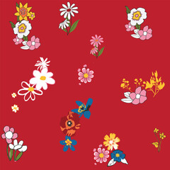 Bright Floral Seamless Pattern on Red Background for Fabric or Stationery Design