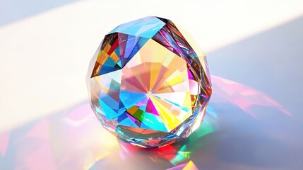 Radiant gemstone, iridescent facets reflecting light on a white surface.