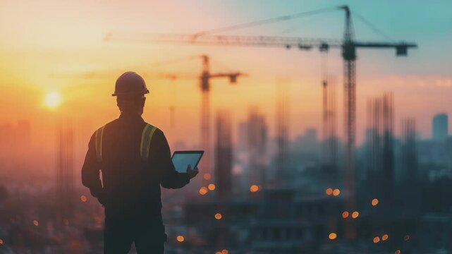 Architectural Sunset: A construction worker or architect, stands on a high point of building and looks toward buildings on sunset. A perfect depiction of urban and rural blend