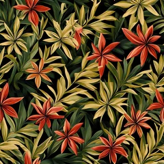 Vibrant Floral Pattern with Tropical Leaves and Blossoms on Black Background © singgih
