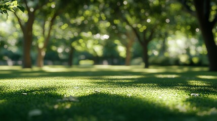 Vibrant sunlit green grass city park nature scene calm environment ground view peaceful serenity