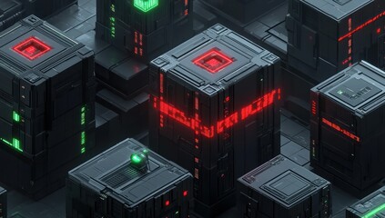 Futuristic Cityscape with Cubes, and Red Lights.