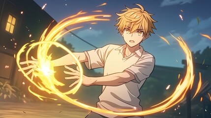Dynamic anime style illustration of a young male character with spiky blond hair casting a fiery spell with glowing flames swirling around him against a sunset night sky scene