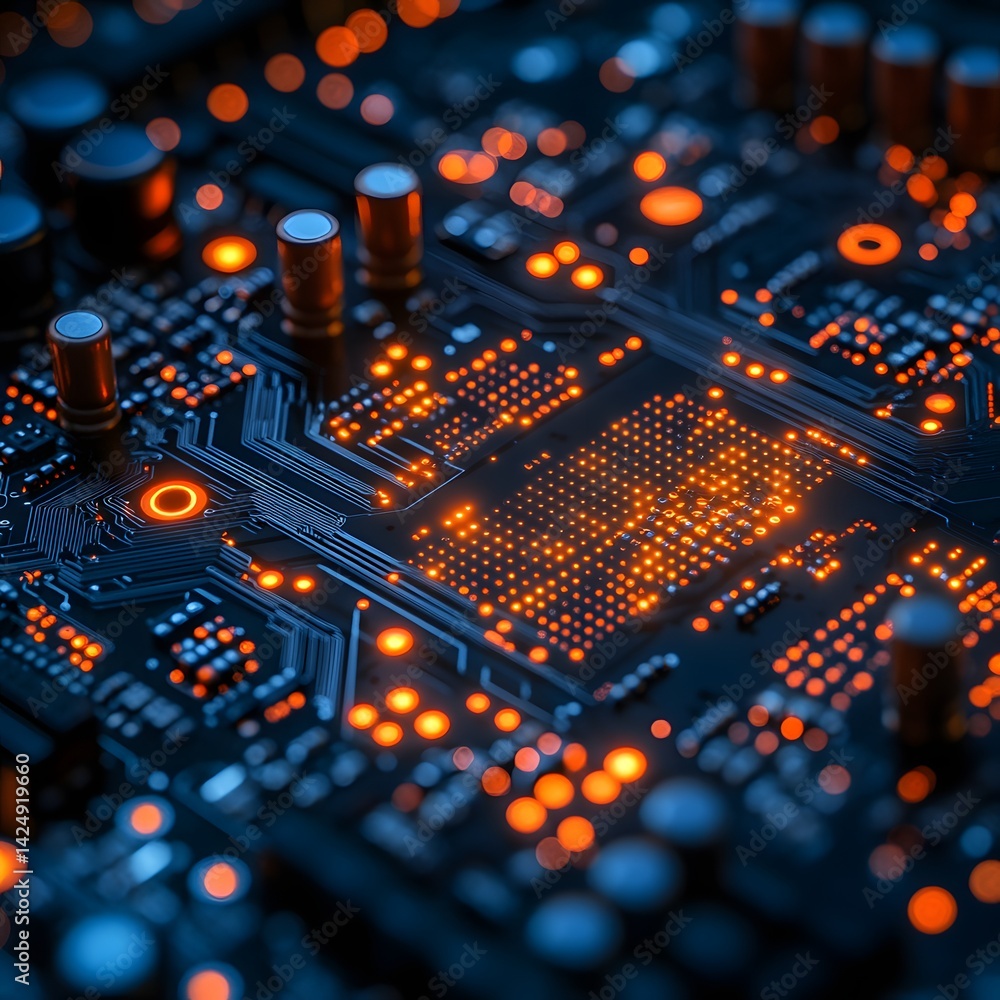 Aufkleber Close-up of a circuit board with glowing orange components, showcasing intricate technological detail. Futuristic Technology Backgrounds Illuminated Circuit Board