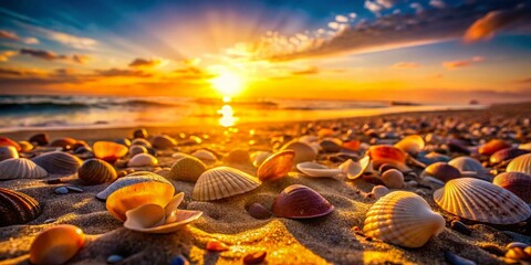 Obraz premium Sunlit Seashells: Silhouette Beach Scene - Stunning Coastal Stock Photo