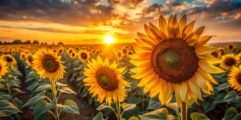 Obraz premium Sunset Sunflowers Aerial Photography: Golden Hour Blooms Close Up
