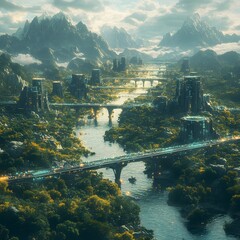 Fototapeta premium A digital painting of a futuristic city nestled in a mountain valley, showcasing advanced architecture and bridges across a winding river. Futuristic Technology Backgrounds