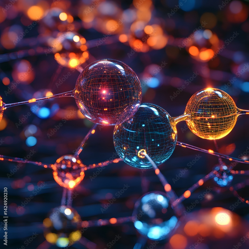 Fototapete intricate network of glowing spheres interconnected, showing vibrant colors and futuristic design. f