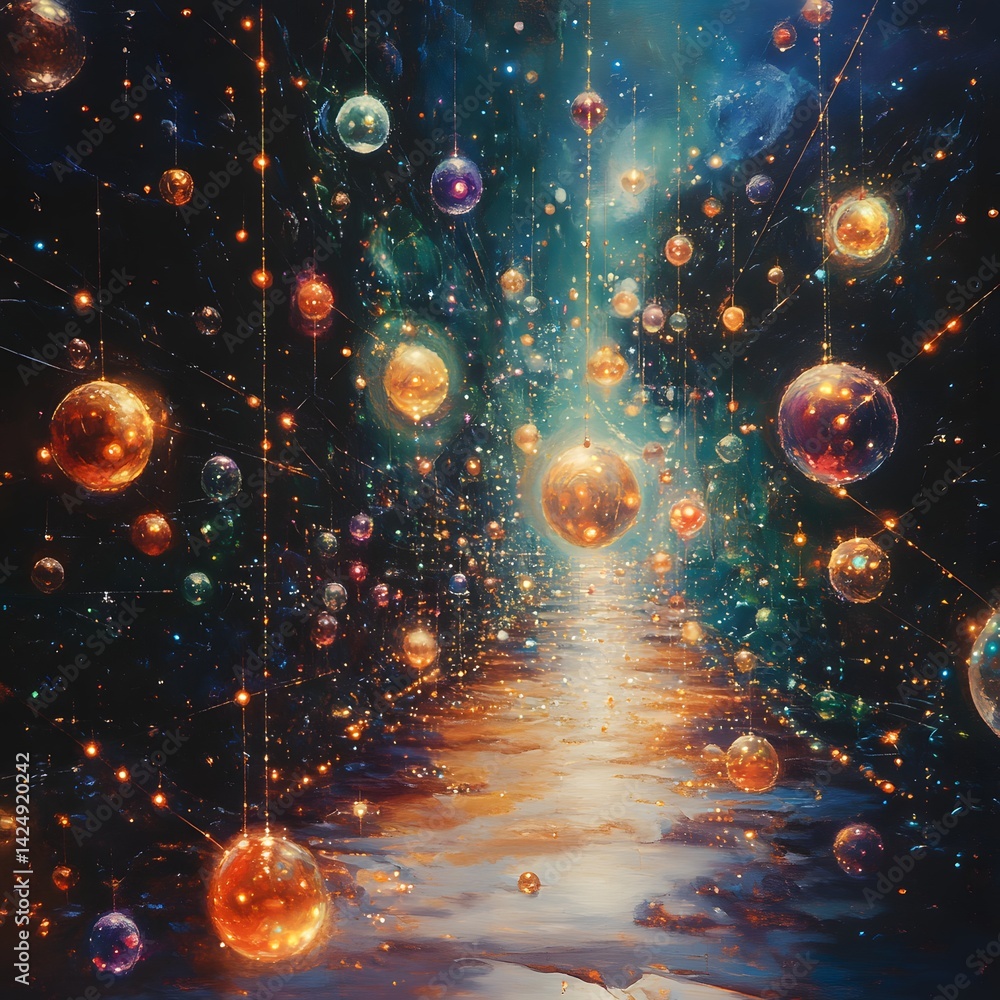 Poster a mesmerizing cosmic artwork featuring glowing spheres. a captivating journey through a dazzling gal