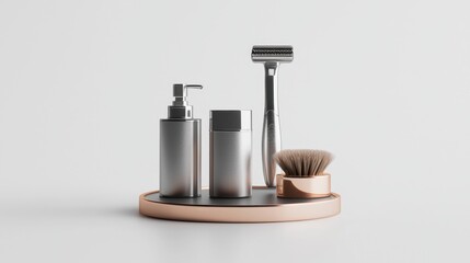 Stylish grooming essentials on a rose gold tray.  Modern, minimalist design featuring shaving products.