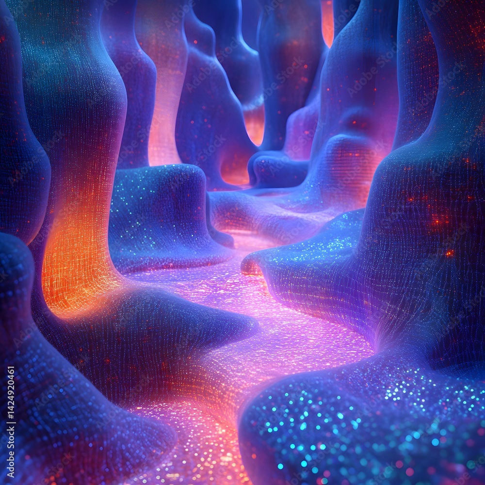 Fototapete an abstract digital landscape with vibrant neon colors. glowing textures and surreal forms create a 