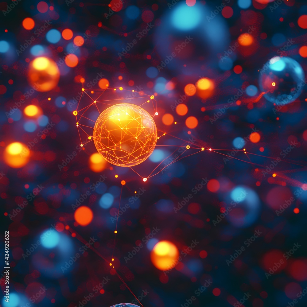 Poster Abstract digital art depicting a glowing orange sphere interconnected with a network of lines and nodes. Vibrant colors and futuristic design. Futuristic Technology Backgrounds
