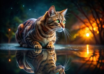 Surreal Cat Reflection: Tiger Eyes in a Mystical Pond