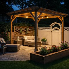 A cozy outdoor patio with a wooden pergola illuminated by string lights, furniture, and a garden bed, captured at dusk.