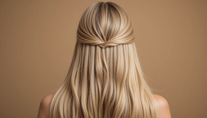Fototapeta premium shot from back. A blond woman with long, straight hair showcases her glamour in a profile closeup, a beauty and fashion model