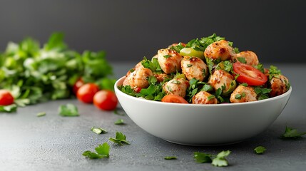 Chicken Salad with Tomatoes and Parsley in White Bowl