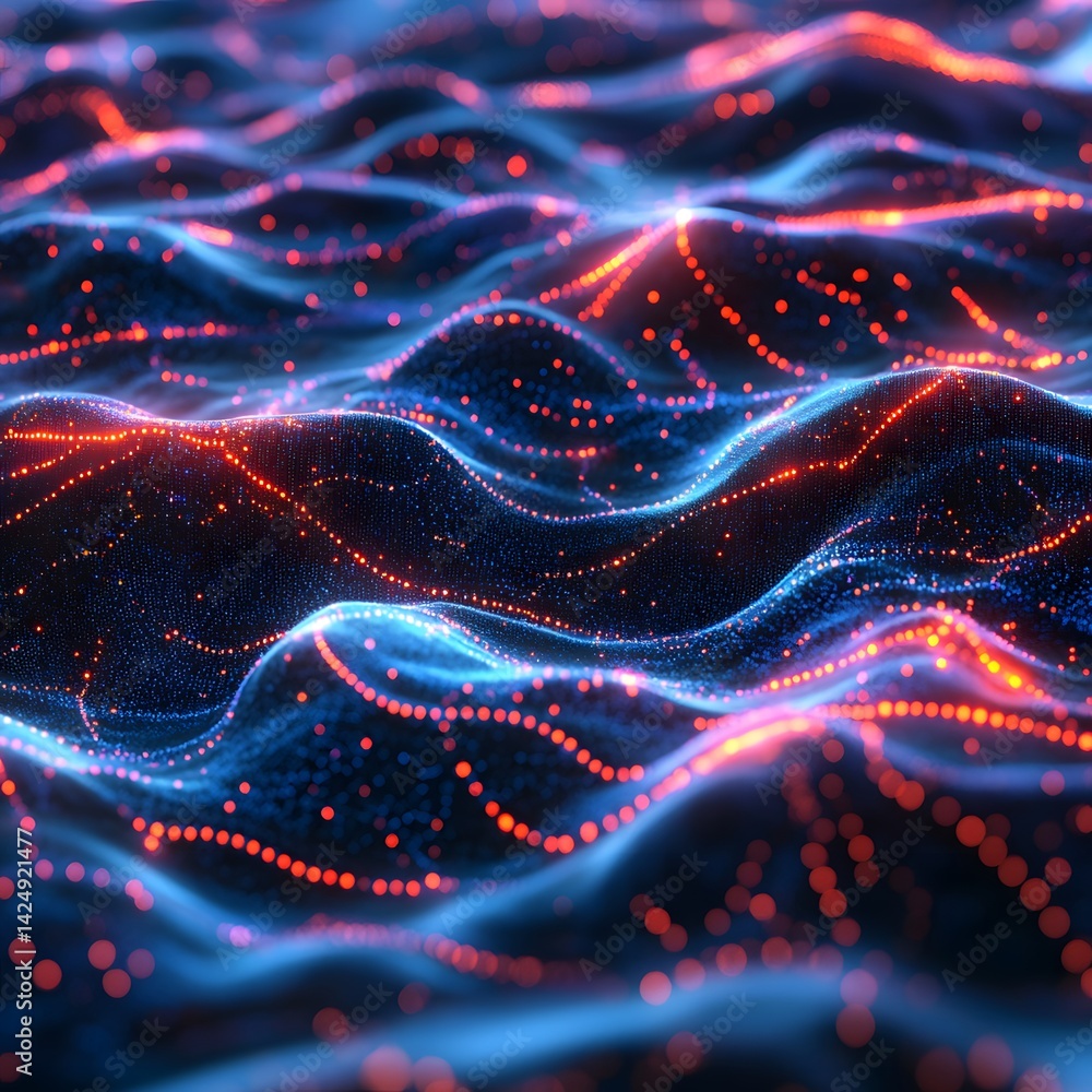 Poster vibrant digital waves, glowing with blue and orange energy. abstract 3d rendering of data flow. futu
