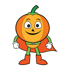 A vibrant, groovy pumpkin superhero with a bold, colorful costume and a glowing jack-o'-lantern face. It’s all about saving the day with fun, funky powers and a dash of charm!