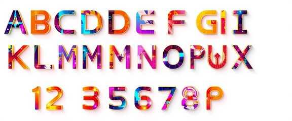 Abstract futuristic alphabet glyphs, upper/lowercase, numbers, symbols; ample negative space, symbols, background