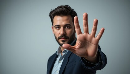 A handsome businessman shows a stop sign with gesture hand with a serious expression, on solid background