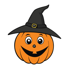 A grinning Halloween pumpkin wears a classic black witch hat, glowing warmly in the dark, spreading spooky yet playful vibes for the festive night.