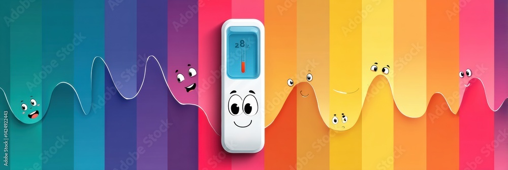 Poster smiling digital thermometer on vibrant gradient background with playful design elements