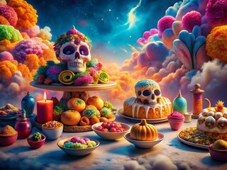 Surreal Mexican Desserts: Floating Pan de Muerto & Colorful Churros in a Whimsical Dreamscape