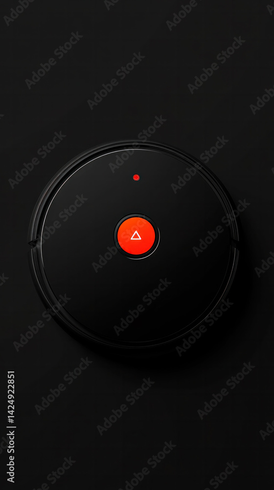 Poster a small red button with a black background. it is placed on a black surface